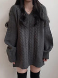 Tineit Solid Color V Neck Cable Knit Sweater