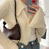 thanksgiving outfit Tineit Chic Knitted Lapel Pearl Cardigan Women Loose Solid Single-Breasted Short Sweaters Female Autumn Elegant Street Daily Knitwear