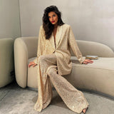 Tineit Sequined Oversize Women Coat Sets Wide Leg Solid Female Pants Suit 2025 Fashion Elegant Shinny Lapel Full Sleeve Lady Jacket Set