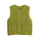 Tineit Ladies Fashion Sleeveless Coarse Needle Knitting Women Vest Sweater Female Chic Big Pockets Patch Button Cardigan Waistcoat Tops