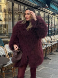 Tineit Women's Fashion Wine Red Furry Faux Fur Warm Coat 2024 New Thicken Fluffy Plush Loose Trendy Jacket Winter Chic Lady Outerwear