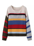 Tineit Striped Knitted Sweaters Women Colorful Chic Loose O-neck Warm Pullovers 2025 Autumn Long Sleeve Casual Long Sleeve Jumper Tops