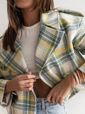 Tineit Plaid Short Woolen Jacket Women Double Breasted Turn-down Collar Casual Chic Long Sleeve Coats 2025 Autumn New Street Outwear