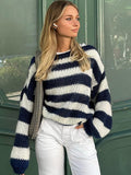 Tineit Striped Knitted Sweater Women O-neck Long Sleeve Contrast Color Loose Elegant Pullover Female 2025 Winter Casual Jumper Tops