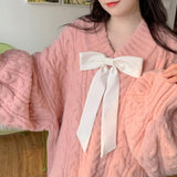 thanksgiving outfit Tineit Bow Tie V-Neck Sweater Women Twist Loose Lazy Pink Lantern Sleeve Knitted Pullover Solid Fashion Pretty Style Female  Jumpers