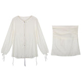 Tineit Lace Waist Bandage Long-sleeved Shirt Skirt Angel Suit