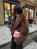 Tineit Chic Brown Big Lapel Collar Fluffy Faux Fur Loose Coat Women Luxury Long Sleeve Warm Furry Jackets Ladies Winter Street Outwear