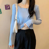 thanksgiving outfit Tineit Autumn Slim Knitted Crop Sweaters Women Fashion Solid Long Sleeve Square Collar Pullovers Korean All Match Chic Casual Sweaters