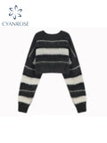 christmas outfit Tineit Women Dark Grey Striped Pullover Knit Sweater Harajuku Aesthetic Y2k Long Sleeves Sweaters Elegant Vintage 2000s Fashion Clothes