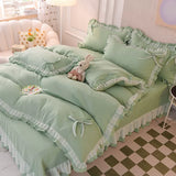 Tineit Green Bedding Sets Kawaii Seersucker Bed Sheet Pillowcase Fashion Girl Princess Duvet Cover 4 Pieces Cute Home Decoration