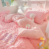 Tineit Princess Bedding Set  French Style Wash Cotton Solid Color Seersucker Summer Soft 2024New Bed Sheet Set Comforter Set