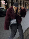 Tineit Women's Fashion Burgundy Fluffy Furry Warm Cropped Coat Elegant Faux Fur Lapel Thicken Warm Jacket 2024 New Lady Chic Streetwear