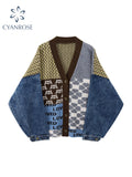 christmas outfit Tineit Vintage Knitted Cardigan Sweater Women Patchwork Denim Coat V Neck Long Sleeve Knitwear Casual Loose Outwear Female Tops