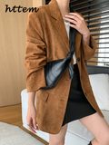 Tineit Vintage Long Suede Suit Coat Women Loose Lapel Single Breasted Long Sleeve Female Jacket 2024 Autumn Winter Lady Street Overcoat