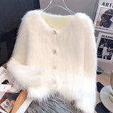 thanksgiving outfit Tineit Faux Mink Knitted Cardigan Women Single-Breasted Elegant Solid Loose Fall Winter Soft Jacket Office Lady V-Neck Sweater Blouse