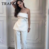 cold weather outfits Tineit 2024 Spring Summer Women Elegant Solid Suit Fashion Casual Strapless Sleeveless Slim Short Tops+High Waist Zipper Pants