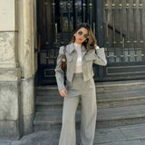 Tineit Spring Summer Casual Women Solid Suits Fashion Streetwear Pockets Turn-down Collar Short Jackets+Chic Wide leg pants