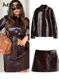 Tineit Fashion Short Leather Jacket Skirt Set Women O-neck Single Breasted Jackets Sexy Mini Skirts 2024 Autumn Lady Locomotive Outfits