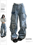 christmas outfit Tineit Women's Blue Baggy Cargo Jeans Korean Y2k Harajuku High Waist Denim Trouser 2000s 90s Aesthetic Wide Jean Pants Vintage Clothes