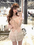 Tineit 2025 Japanese Style Kawaii 3 Piece Set Women Casual Y2k Crop Top  Pink Thin Cardigan Sweet Mini Cake Skirt Cute Fashion Suits