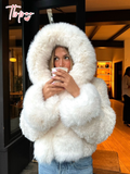 Tineit Chic White Women's Cropped Faux Fur Jacket With Hood Fashion Thick Warm Fluffy Plush Short Coat Winter Thermal Female Streetwear