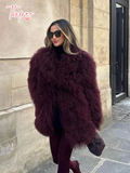 Tineit Women's Fashion Wine Red Furry Faux Fur Warm Coat 2024 New Thicken Fluffy Plush Loose Trendy Jacket Winter Chic Lady Outerwear