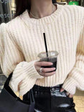 Tineit Solid Lantern Sleeve Short Knit Sweater