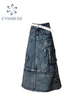 christmas outfit Tineit Women Blue A-line Denim Cargo Skirt Y2k Long Cowboy Skirts 90s Aesthetic Harajuku Korean Emo Jeans Skirt 2000s Vintage Clothes