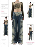 christmas outfit Tineit Women's Wide Cargo Jeans Fashion 90s Aesthetic High Waist Denim Trousers Harajuku Korean Baggy Jeans Pants Grunge 2000s Clothes