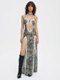 Tineit 2024 New slim V Neck Leopard Sleeveless Maxi Dress