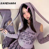 Tineit Y2k Millennium Purple Striped Long Sleeve T-shirt Girl Spring Design Niche Spicy Girl Hooded Slim Fit Rabbit Ear Tops