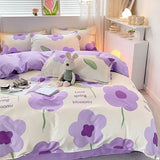 Tineit Korean Pink Rose Duvet Cover Set Soft Green Flat Sheet Quilt Cover Pillowcase Bed Linen Twin Queen Full Size Floral Bedding Set