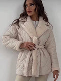 Tineit Cotton Thick Loose Parkas Women Jackets Grid Pattern Solid Lapel Coats Elegant Belt Female Top Lady Warm Chic Outwear 2025 New