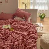 Tineit Simple Bedding Set Plaid Sold Color Single Queen Size Duvet Cover No Filling Boys Girls Flat Sheet Pillowcase Kit