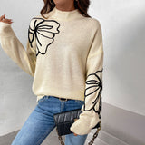 thanksgiving outfit Tineit Casual Knitted Turtleneck Sweaters Women Retro Loose Flower Printed Pullover Sweater Female Autumn Thin Chic Versatile Tops