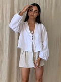 Tineit Linen Bow Lace Up Hollow Out Blouses Women Solid Loose V Neck Long Sleeve Shirts 2024 Spring Summer Lady Fashion Casual Tops