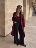 Tineit Women's Chic Burgundy Double-breasted Woolen Overcoat 2025 New Fashion Flap Pocket Lapel Long Jacket Elegant Lady Street Outwear