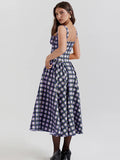 Tineit Sexy Plaid Print Sling Dress Women Elegant Patchwork Sleeveless Backless Pleated Female Maxi Dresses 2024 Summer Chic Lady Robes