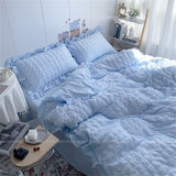 Tineit INS Girl Blue Bedding Sets Solid Color Seersucker Ruffles Lace  Kawaii Soft Sheet Woman Duvet Cover Pillow Covers Quilt Cover