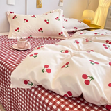 Tineit Ins Style Duvet Cover Set with Flat Sheet Pillowcases Cute Orange Cherry Crow Printed Single Double Queen Size Girls Bedding Kit