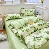 Tineit White Green Bedding Set Floral Ins Duvet Cover with Zipper No Filler Flat Sheet Pillowcase Twin Queen Size Bed Linens