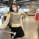 thanksgiving outfit Tineit Black White Striped Knitted Sweater Women Korean Fashion Lantern Sleeve Fall Winter Sweet Fake Two-Piece Pullover School Jumpers