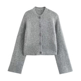 thanksgiving outfit Tineit Retro Knitted O-neck Short Cardigan Women Casual Loose Gray Single Breasted Sweaters Female Elegant Autumn Chic Base Knitwear