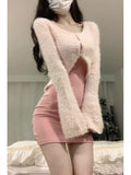 Tineit Autumn Sexy Strap Y2k Mini Dress Sets Women Pink Sweet Sweater Tops Elegant Bodycon Slim 2 Piece Skirt Dress Korean Fashion 2025