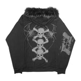 Tineit Y2K Goth Ladies Skull Print zipper hoodie Loose street wear American punk hip hop fashion plush patchwork caps for men and women