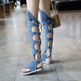 cold weather outfits Tineit shoes clip toe sandals blue  jeans flat shoes women summer gladiator booties sandalias mujer size 43