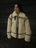 Tineit Fashion Contrast Spliced Zipper Lapel Lamb Wool Jacket Women's Chic Casual Thick Warm Long Sleeve Coat Ladies Chic Outwear 2024