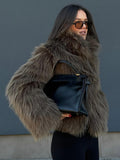 Tineit 2024 Dark Green Chic Stand Collar Fluffy Faux Fur Coat Women's Fashion Full Sleeve Winter Warm Short Jacket Female New Outerwear