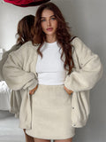 Tineit Lamb Wool Solid Women Coat Set Hip Package Slim Female Skirts Sets 2025 Fashion Autumn V-neck Single Breasted Lady Jackets Suit