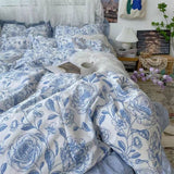 Tineit Blue Floral Duvet Cover Set with Pillowcase Bed Sheet No Filler 2024 New Single Double Queen Size Bedding Linens Fashion